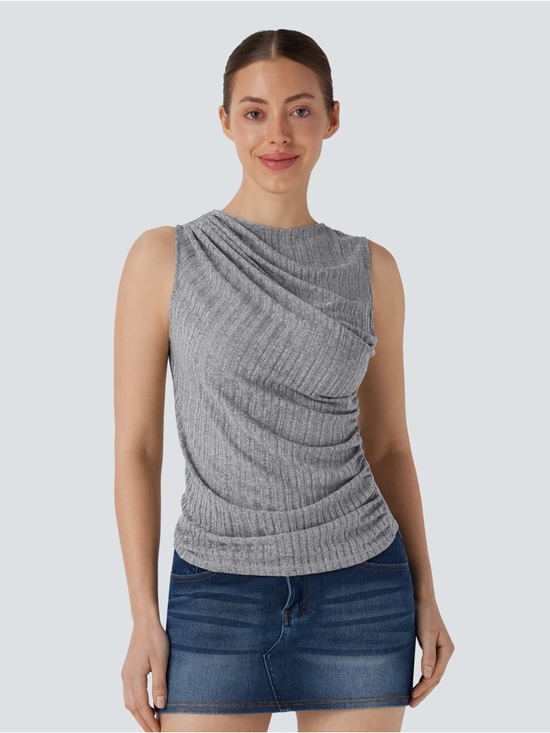 HALARA Tops - HALARA Ribbed Sleeveless Asymmetric Ruched Casual Top Heather Gray XS NWT